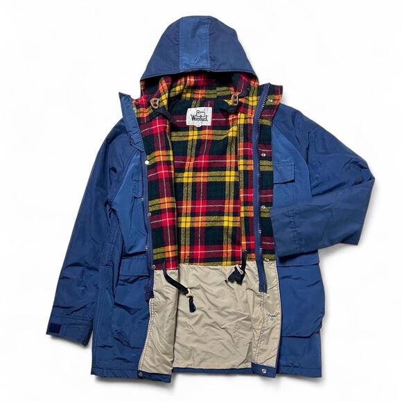 Woolrich 90s Vintage Wool Red Plaid Lined Blue Parka Zip Hooded Jacket Medium - Picture 6 of 8